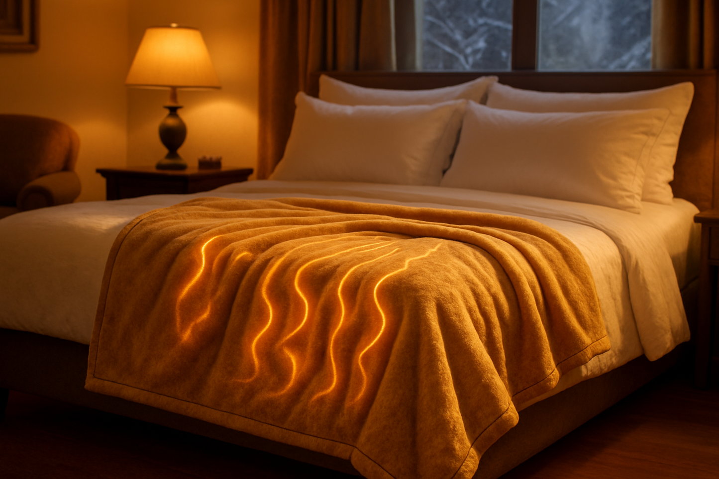 a heated blanket on showcase on the edge of a bed in a warm looking room with winter outside the window