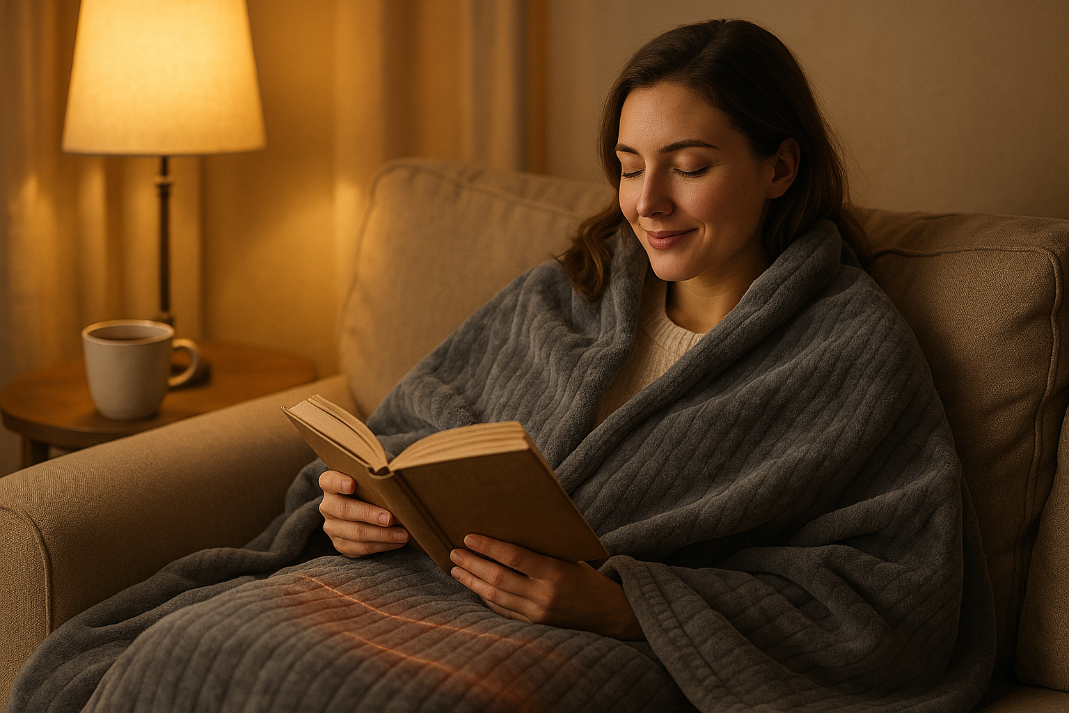 woman with heated blanket while reading a book on a sofa